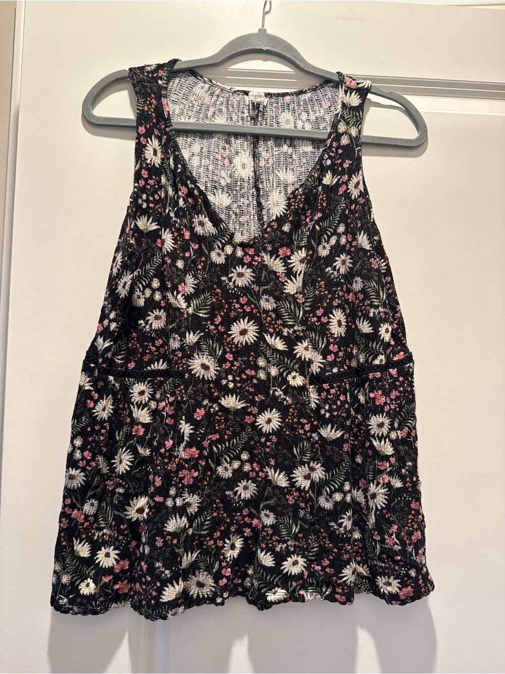 Maurices Black Floral V-Neck Tank Top with Pink and White Accents